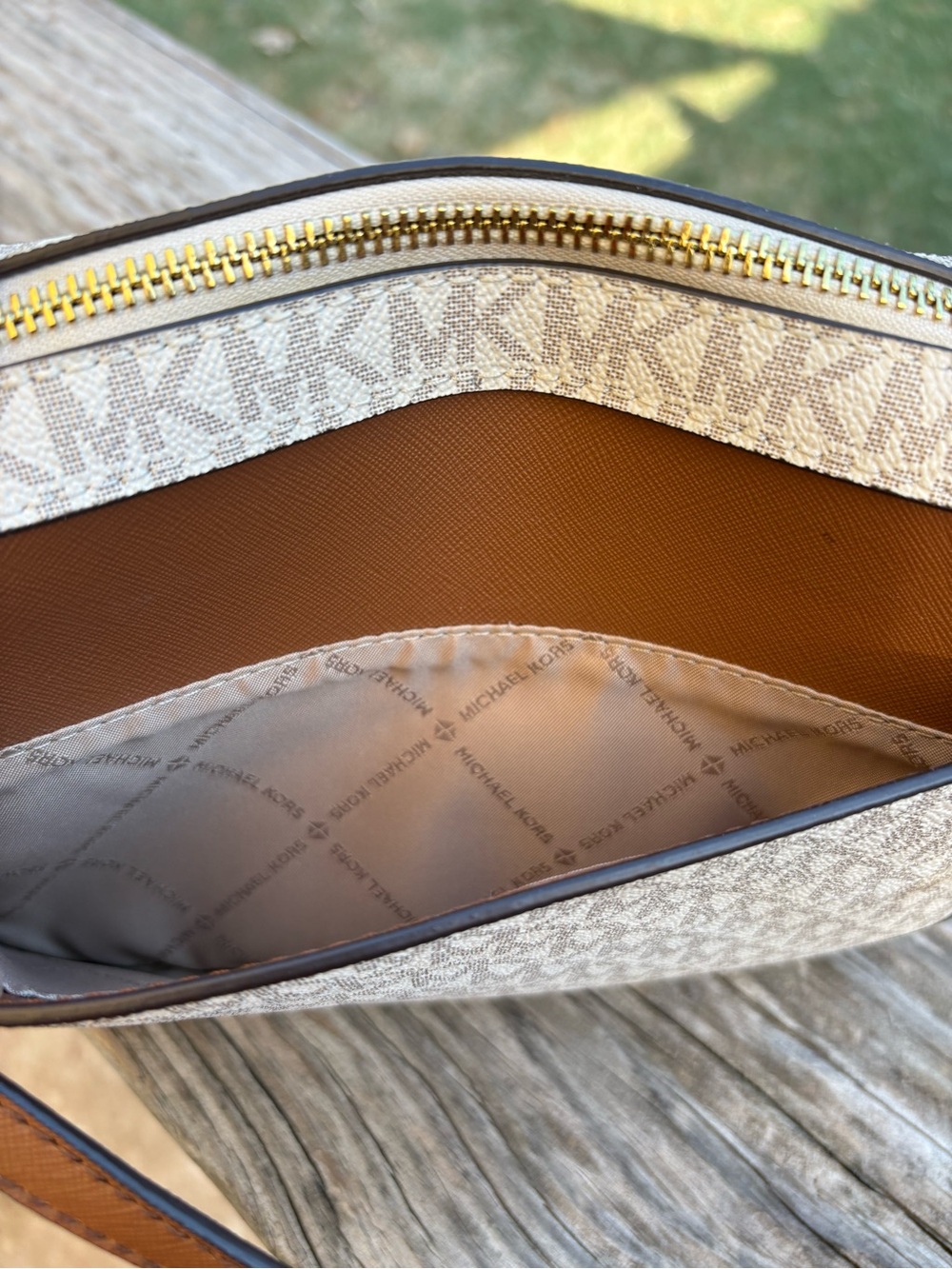 Michael Kors Beige MK Signature Crossbody with Brown Trim & Gold Chain - Picture 8 of 11